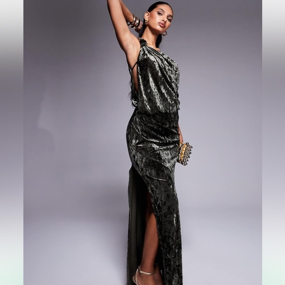 ASOS Crushed Velvet Trim Detail Draped Maxi Dress Green Size 6 - Picture 2 of 14